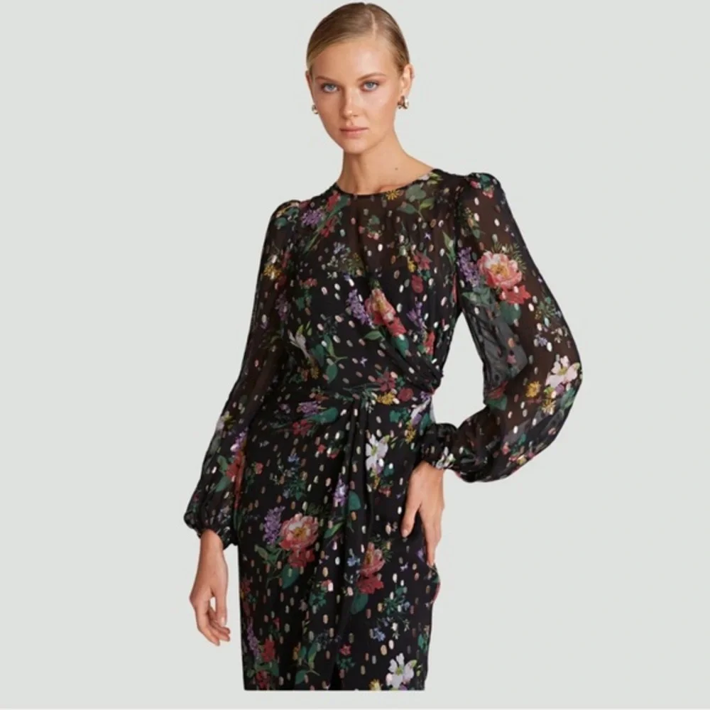 AMUR Sabine Drape Dress | Front Slit | Black | Floral | Sheer | Size 10 - Picture 3 of 16